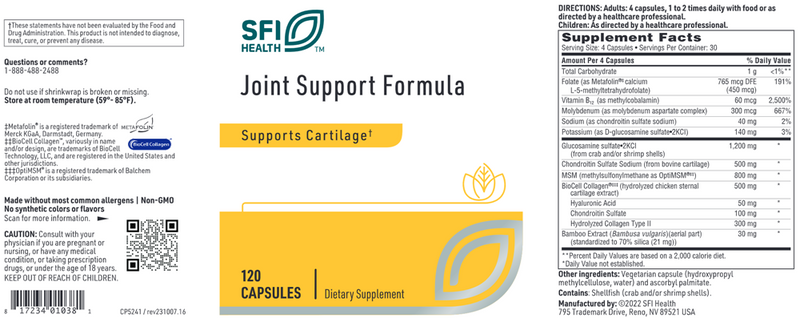 joint support formula sfi health label