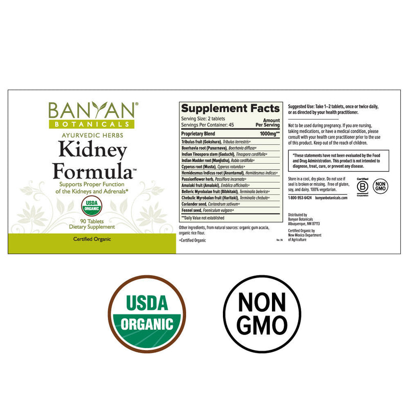 Kidney Formula Organic (Banyan Botanicals) Label