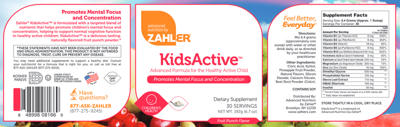 Kids Active Powder (Advanced Nutrition by Zahler) Label