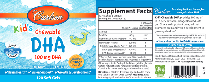 Kids Chewable DHA Omega-3s (Carlson Labs) 120ct label