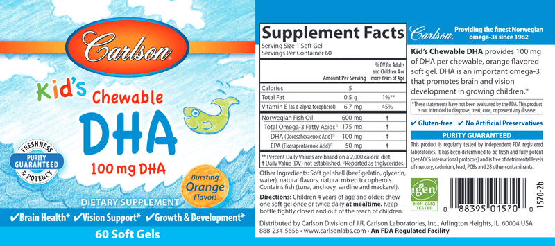 Kids Chewable DHA Omega-3s (Carlson Labs) 60ct label