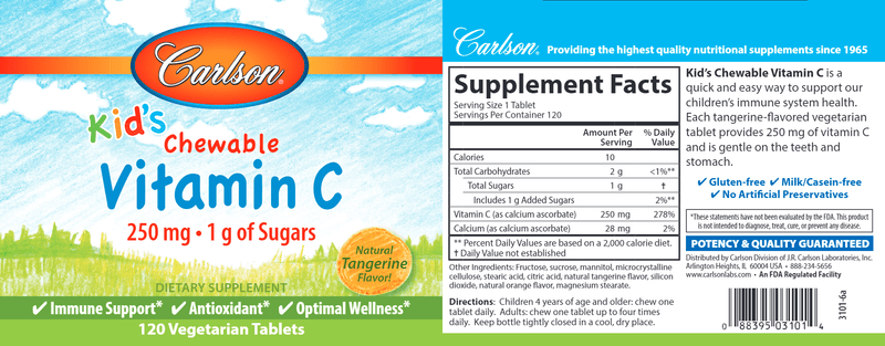 Kids Chewable Vitamin C 250 mg (Carlson Labs) label