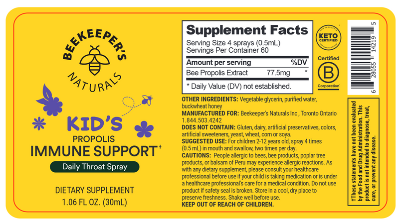 Kids Propolis Throat Spray (Beekeeper's Naturals) Label