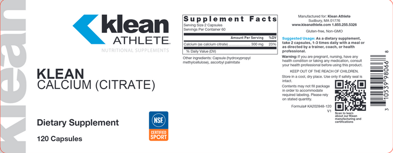 klean calcium citrate klean athlete label