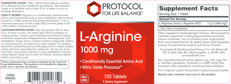 L-Arginine 1000 mg (Protocol for Life Balance) Label