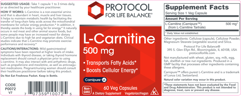 L-Carnitine 500 mg (Protocol for Life Balance) Label