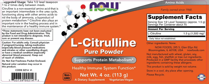 L-Citrulline Powder (NOW) Label