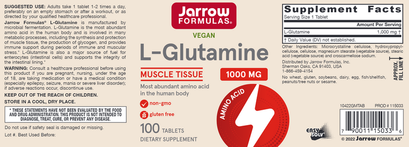 L-Glutamine 1000 mg Jarrow Formulas label