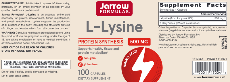 L-Lysine 500 mg Jarrow Formulas label