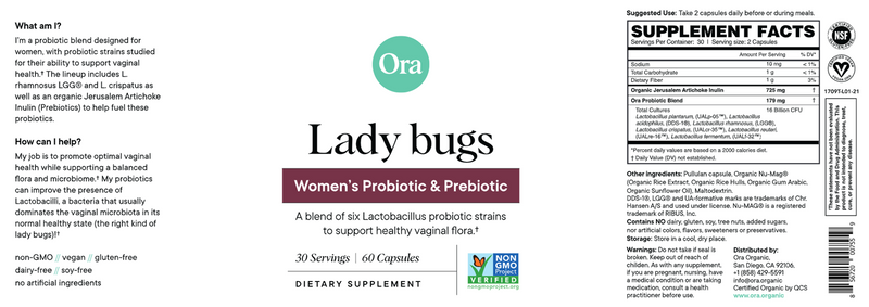 Lady Bugs: Women's Probiotic & Prebiotic Capsules (Ora Organic) Label