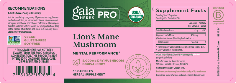 Lion's Mane Mushroom 60 Caps (Gaia Herbs Professional Solutions) Label