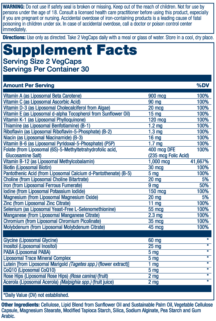 Liposomal Universal MultiVitamin Solaray supplement facts