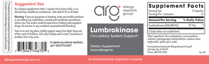 lumbrokinase 30 caps allergy research group label