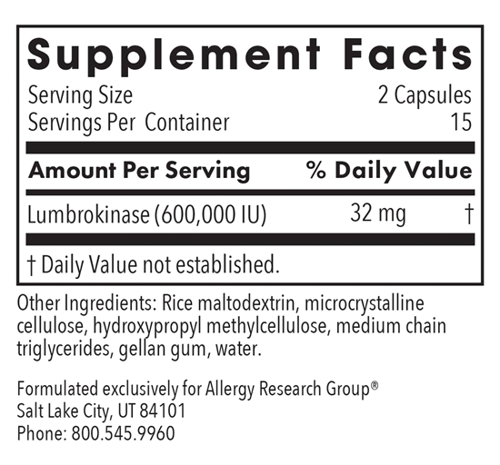 lumbrokinase 30 caps allergy research group supplement facts