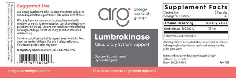 lumbrokinase 60 caps allergy research group label