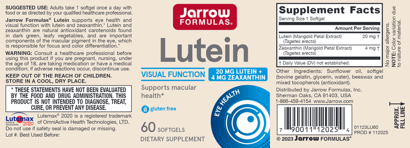 Lutein 20 mg 60ct Jarrow Formulas label