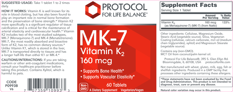 MK-7 Vitamin K2 (Protocol for Life Balance) Label