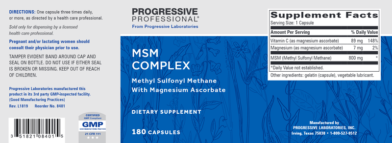 MSM Complex (Progressive Labs) 180ct Label