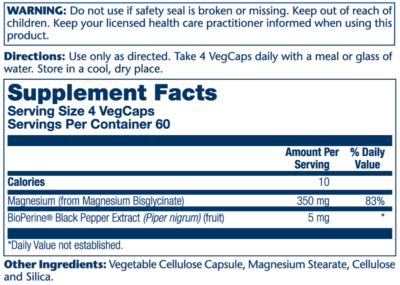 Magnesium Glycinate 350 mg 240ct Solaray supplement facts