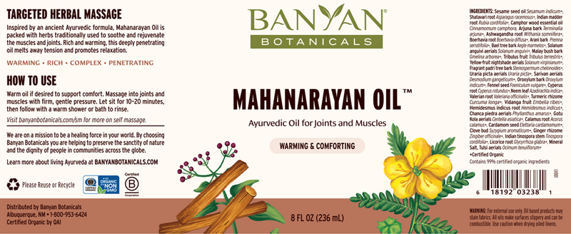 mahanarayan oil 8 oz banyan botanicals label