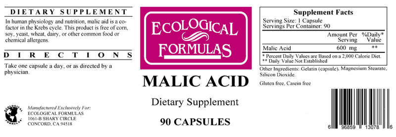 Malic Acid 600 mg (Ecological Formulas) Label