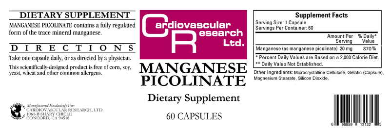 Manganese Picolinate 20 mg (Ecological Formulas) Label