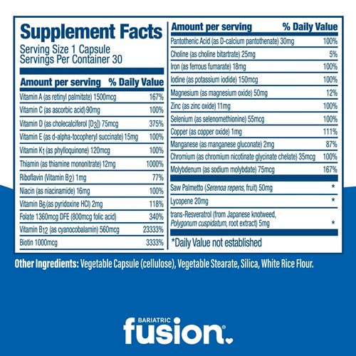 Men’s One Per Day Multivitamin with Iron Capsules Bariatric Fusion supplement facts