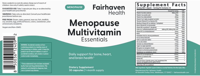 menopause multivitamin essentials fairhaven health label