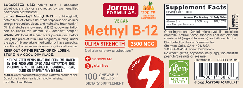 Methyl B-12 Tropical Jarrow Formulas label