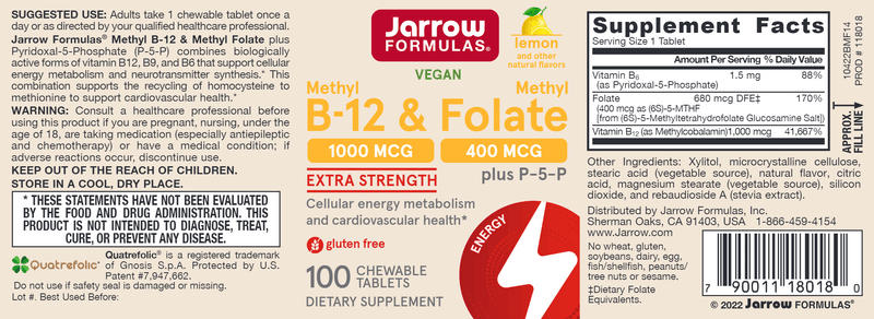 Methyl B-12 & Methyl Folate Lemon Jarrow Formulas label