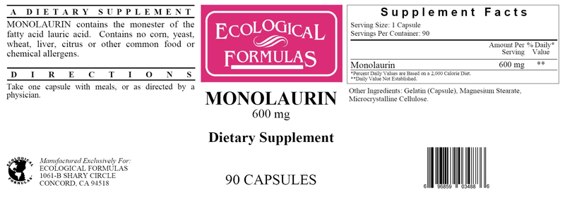 Monolaurin 600 mg (Ecological Formulas) Label