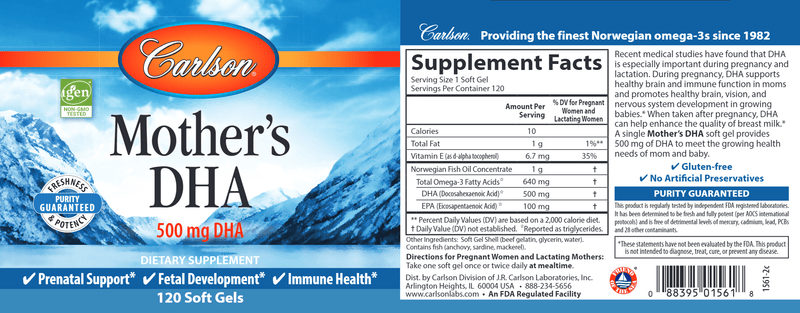 Mother's DHA (Carlson Labs) label