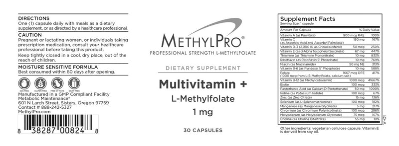 multivitamin + 1mg l-methylfolate (methylpro) label