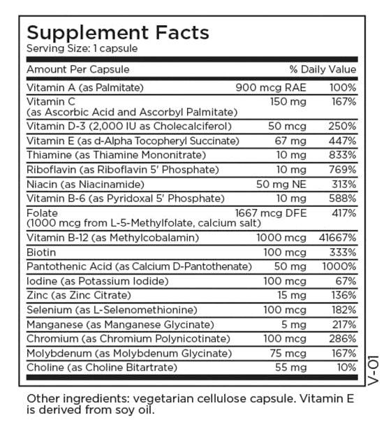 multivitamin + 1mg l-methylfolate (methylpro) supplement facts