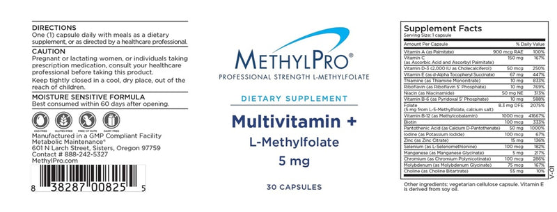 multivitamin + 5mg l-methylfolate (methylpro) label