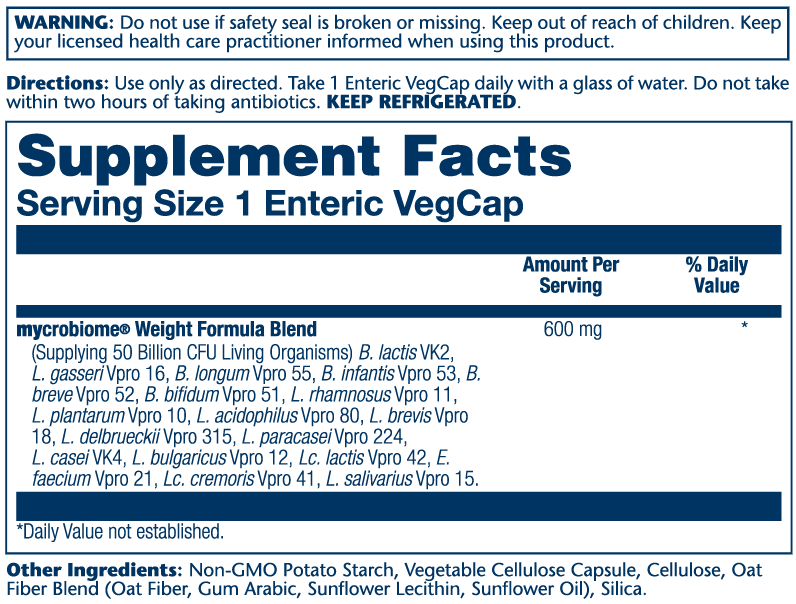 Mycrobiome Weight Formula 50 B Enteric Solaray supplement facts