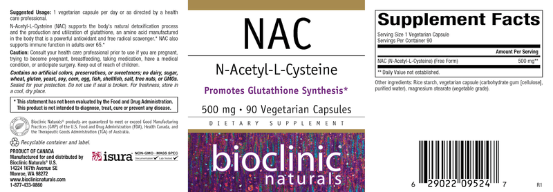 NAC 500mg (Bioclinic Naturals) Label