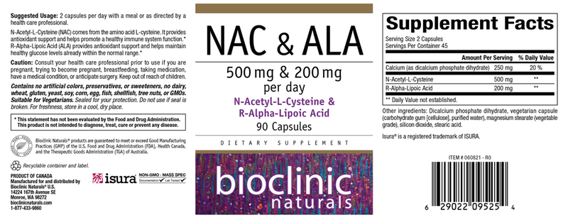 NAC & ALA Bioclinic Naturals Label