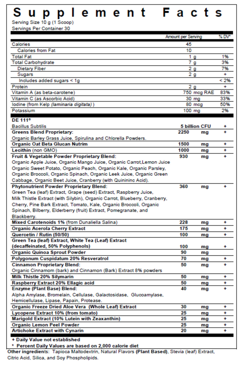 Nanogreens10 + Probiotic Strawberry (BioPharma Scientific) supplement facts