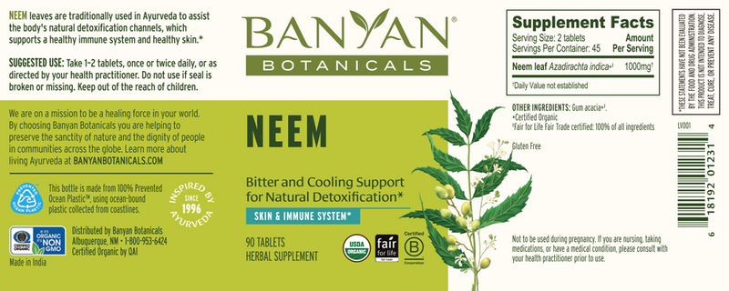 neem organic tablets banyan botanicals label