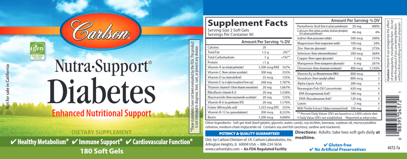 NutraSupport Diabetes (Carlson Labs) 180ct label