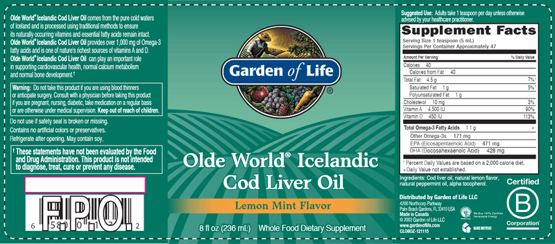 Olde World Icelandic Cod Liver Oil (Garden of Life) Label