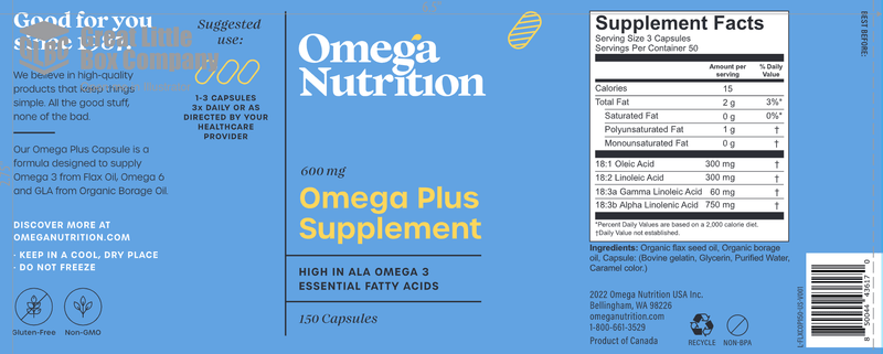 Omega Plus Supplement 150ct (Omega Nutrition) label