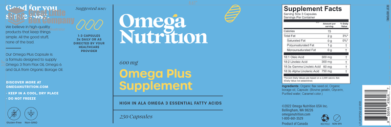 Omega Plus Supplement 250ct (Omega Nutrition) label