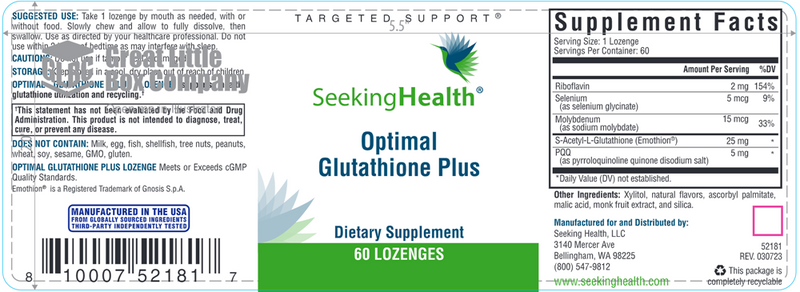 Optimal Glutathione Plus Lozenge Seeking Health Label