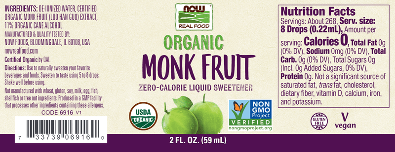 Organic Liquid Monk Fruit (NOW) Label