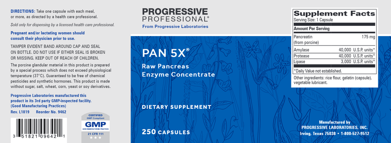 Pan 5X (Progressive Labs) 250ct Label