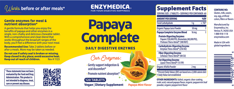 Papaya Complete Enzymedica Label