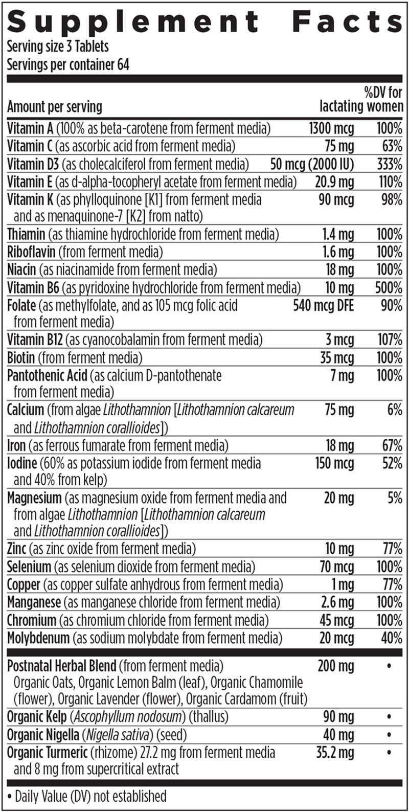 Perfect Postnatal (New Chapter) supplement facts