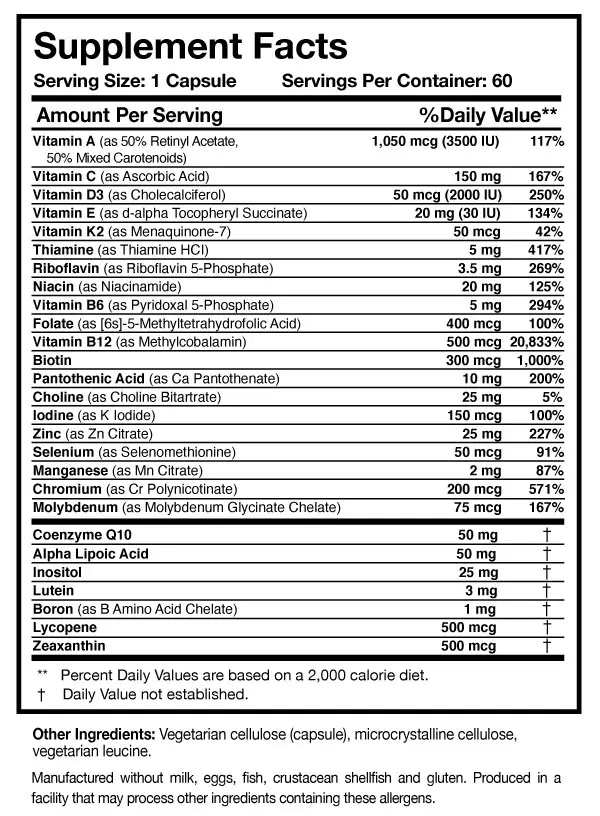 Physician’s Daily Multivitamin + D3 Researched Nutritionals supplement facts